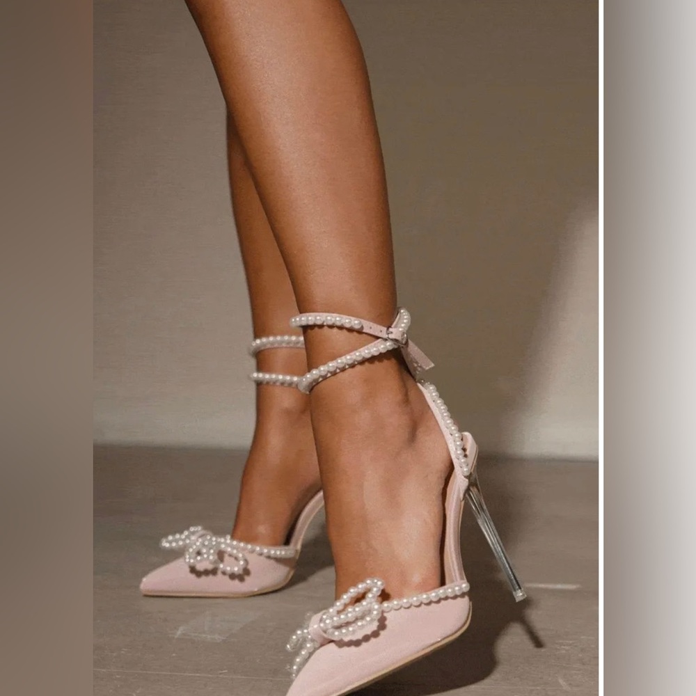 Pink bow pearl heels from shein